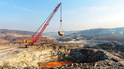 An enormous crane working at an open pit mining site