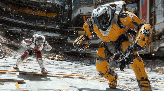 Giant robots battling in a futuristic stadium - Powered by Adobe