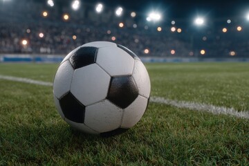 Fototapeta premium Soccer ball on a stadium field at night