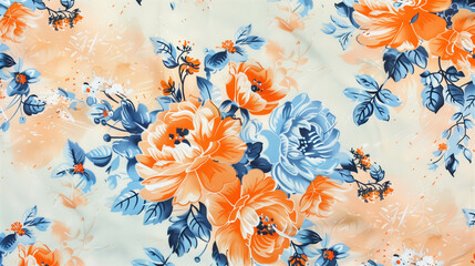 Elegant floral fabric pattern with orange and blue roses on light pastel background