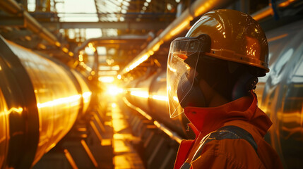 Construction worker inspecting industrial pipes inside large illuminated underground tunnel
