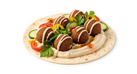 Close up of falafel balls with tahini sauce on a pita with fresh vegetables