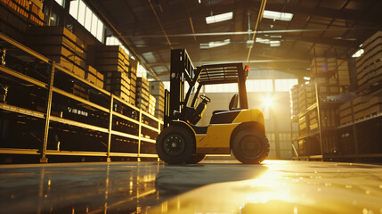 Industrial Forklift in Sunlit Warehouse with Wooden Pallets