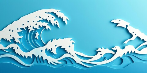 Intricate paper cut design of ocean waves, layered texture, blue gradient,   blue background,  paper art