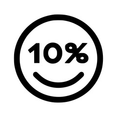 A black and white graphic of a 10% discount symbol with a smiley face.