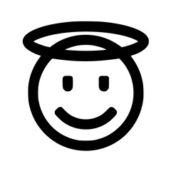 Simple black and white illustration of a smiling face with a halo above its head.