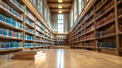 A spacious library with wooden shelves and a large window, filled with books and a table in the foreground.