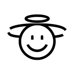 Simple black and white drawing of a smiling face with a halo and wings.
