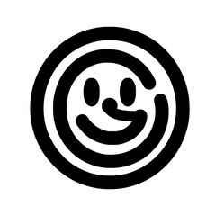 Stylized black and white drawing of a smiling face within concentric circles.