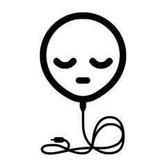 A black and white graphic of a sleepy balloon-shaped emoticon with a charging cable.
