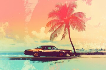 Florida Retro. 1980s Style Car and Palm Trees on Miami Beach Boulevard