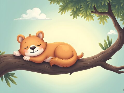 Resting Animal Illustration Sleeping Peacefully on Tree Branch with Clouds