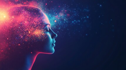 Serene female profile, vibrant energy emanating from head, dark background.