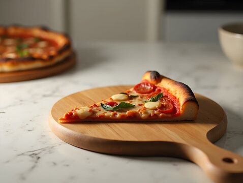 a slice of pizza is placed on a small modern wooden board on a clean kitchen table professional advertising food photography