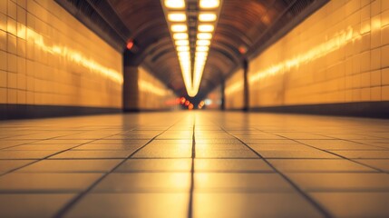A long, narrow, yellow-tiled hallway with a series of bright, evenly spaced lights illuminating the path ahead.