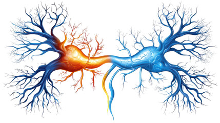 Colorful Artistic Representation of Neurons and Neural Connections in Orange and Blue Shades