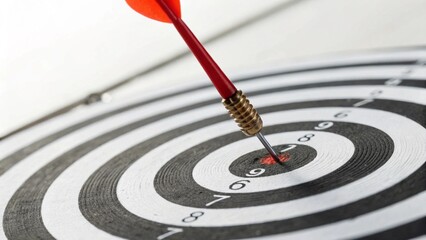 Close up orange arrow hitting center target bullseye concept of achievement direction ambition goal white background