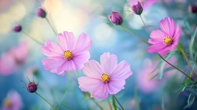 Three pink cosmos flowers with yellow centers in a garden setting with blurred background.