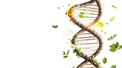 Nature and Science Fusion with DNA Structure Surrounded by Flowers and Leaves for Eco-Friendly Concepts