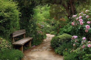 Serene garden path with wooden bench and roses