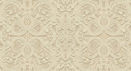 Intricate offwhite lace pattern with embossed floral motifs, creating a luxurious and elegant textile design