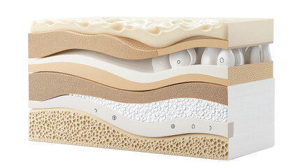 Cross-Section of Multi-Layered Material with Textured Foam and Supportive Structures for Comfort