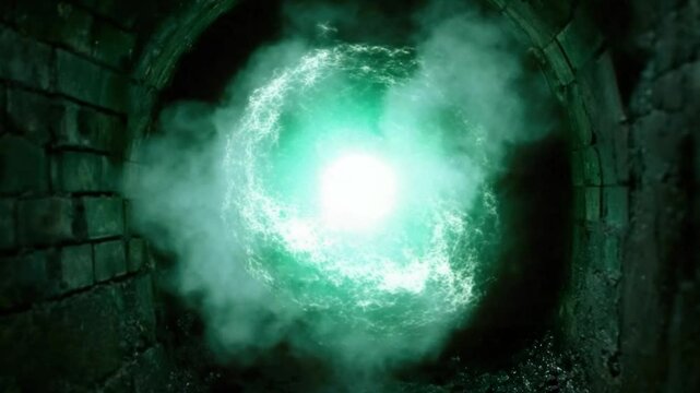 Vivid Portal of Mystique: An entrancing visual of a glowing green vortex, emerging from a stone tunnel. The air shimmers with mystical energy, promising unseen adventures and supernatural wonders. 