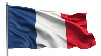 Photorealistic French flag with vertical blue, white, and red stripes. Isolated on white, showing realistic fabric texture, natural folds, and sharp focus.