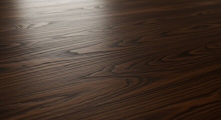 Warm light illuminates the rich, dark brown grain of a polished wood surface