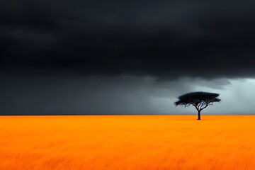 Obraz premium A lone tree stands on an orange field beneath dark stormy clouds