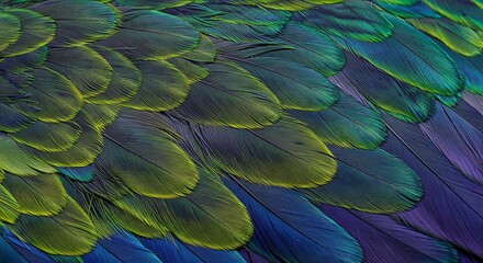 Obraz premium A vibrant tapestry of iridescent green and blue feathers, overlapping in a mesmerizing pattern