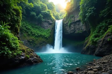 Hidden coastal waterfall cascades down lush rainforest cliffs , powerful, view