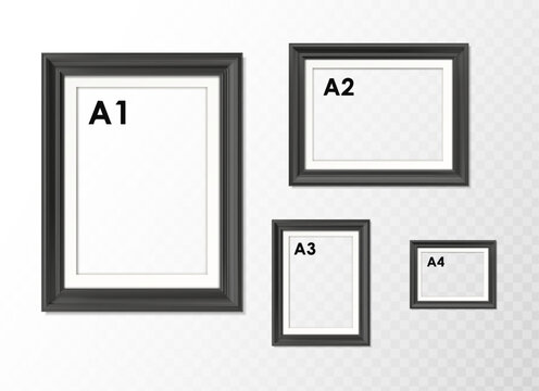 3d realistic vector icon illustration. Set of black picture frames in rectangular shape in different sizes A2, A3, A1, A4. Isolated on transparent background.