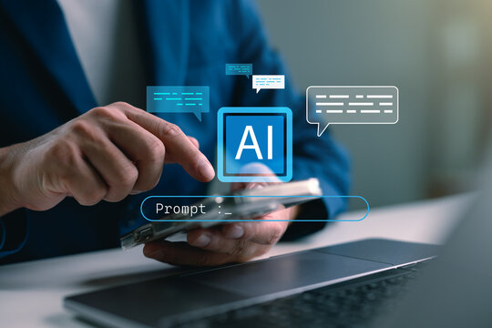 AI assistant technology concept showing business person interacting with virtual prompt on mobile. Ideal for artificial intelligence, smart tools, digital productivity and virtual support.