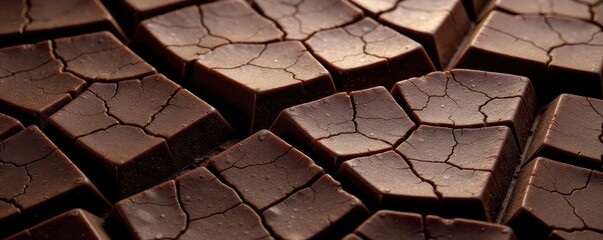 Deep, cracked surface of dark chocolate; rich, intense brown hues , background texture, delicious, close-up