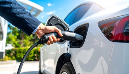 Businessman plugging electric car with charger in a sunny environment with green energy.