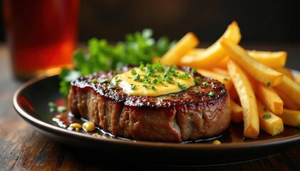 Perfectly seared steak, cheesy topping, crispy fries , image, delicious