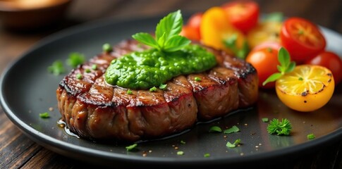 Sizzling steak topped with bright green chimichurri, alongside colorful grilled vegetables , foodie, parsley