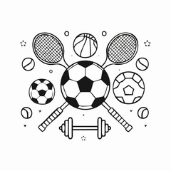 Minimalist vector icon set of various sports equipment (soccer ball, tennis racket, dumbbell, etc.), clean line art for sporty tee