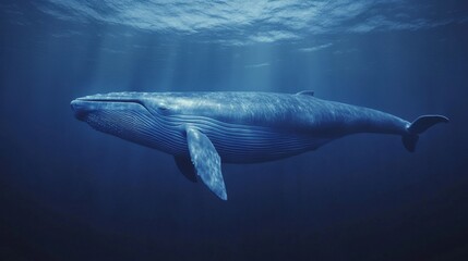 Fototapeta premium A massive blue whale swims gracefully underwater in the ocean