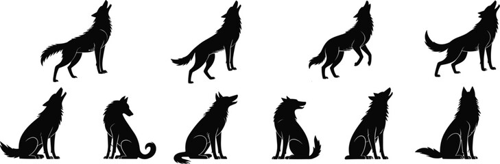 Howling wolf silhouette collection, sitting and standing wild animal, black forest predator clipart, vector art for nature and wildlife.