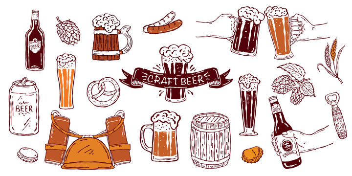 Beer sketch icon set. Vector collection of hand-drawn line art featuring beer bottles, mugs, hands holding mugs, a beer barrel, malt, and wheat. Perfect for menu design, packaging, and print projects.