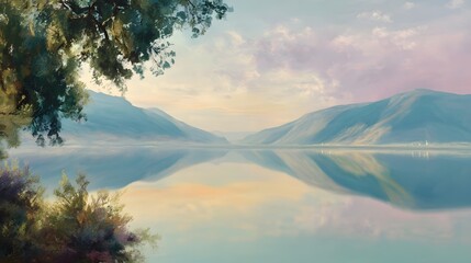 Serene mountain lake with perfect reflection at dusk