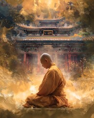 Monk Meditating in Autumnal Temple Courtyard