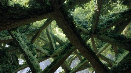 A dense interconnected forest of branches and leaves  long title A dense intricate forest canopy with a lush verdant tangle of intertwined branches