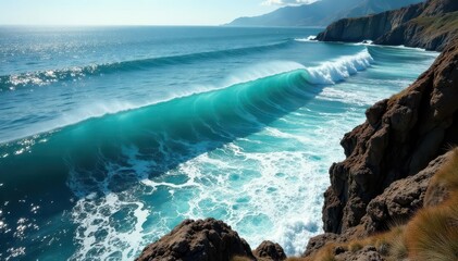 Elegant wave formations, seaweed patterns, breathtaking clifftop perspective , high-resolution, tranquil