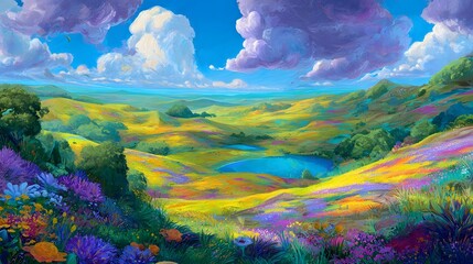 Vibrant fantasy landscape of a colorful countryside scene