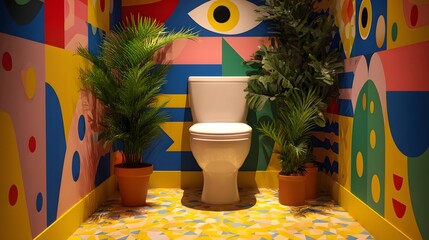 Vibrant abstract patterned bathroom with lush plants