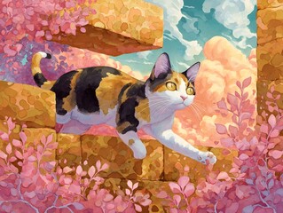 A playful cat exploring a vibrant floral environment