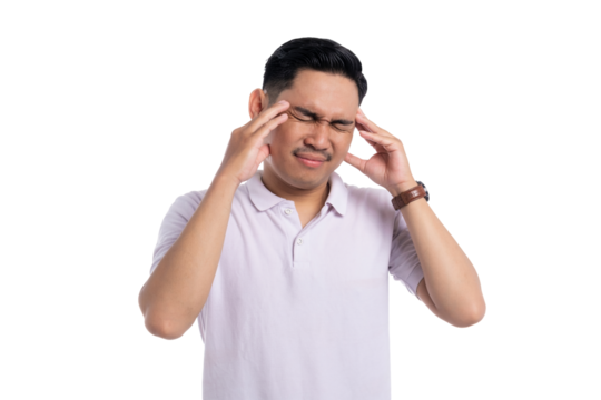 Young man suffering from headache while touching temples with painful facial expression isolated on transparent background